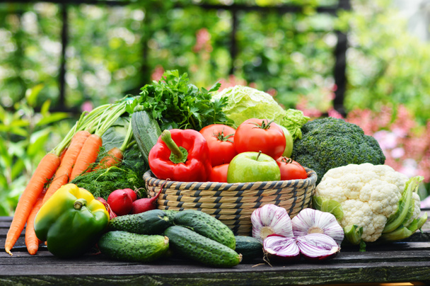 枝編み細工品バスケットは庭で新鮮な有機野菜 - 写真・画像