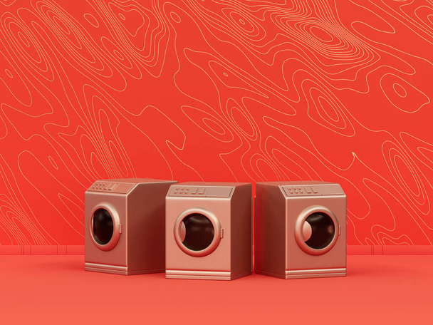 монохромная одноцветная красная стиральная машина в оранжевом фоне интерьер комнаты с волновой узором, 3d икона, один красный цвет, 3d рендеринг, бытовая техника - Фото, изображение