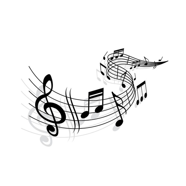 音楽の波、ベクトルの音楽ノートと曲線状の譜刻上の高音の記号。白を基調としたジャズクラブ、民族音楽祭、クラシックオペラコンサートやオーケストラの演奏のためのモノクロームのメロディーの渦 - ベクター画像