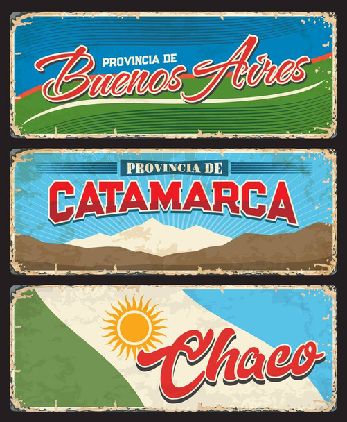 Regiony Buenos Aires, Catamarca i Chaco, prowincje Argentyny vintage wektorowe płyty. Argentyńskie flagi prowincji, heraldyczne słońce i góry krajobraz El Manchao, Argentyna podróży grunge znaki i naklejki - Wektor, obraz