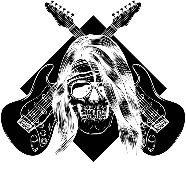 fekete sziluett emberi koponya gitárral - Vektor, kép