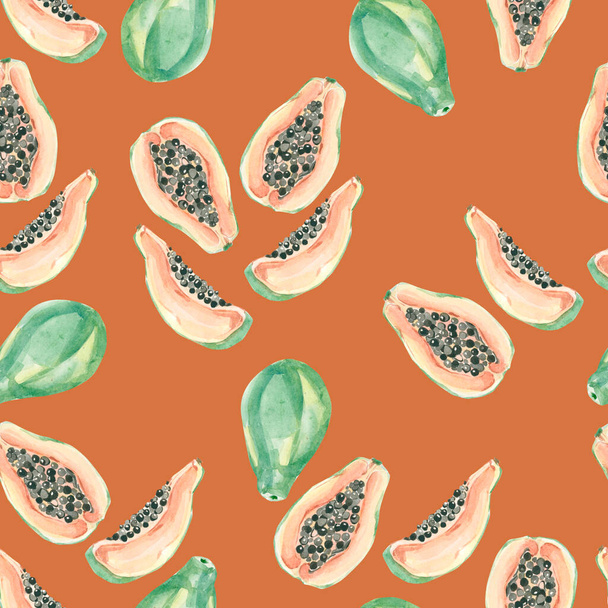 Watercolor summer seamless pattern with exotic fruits papaya. Hand painted trendy color background. Tropical illustartion for the textile fabric, wrapping paper and other design. - Foto, afbeelding