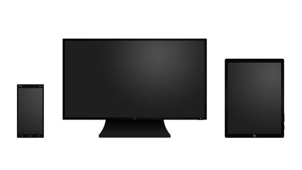Czarny tablet, telefon komórkowy i monitor z pustymi ekranami, odizolowany na białym tle - Zdjęcie, obraz