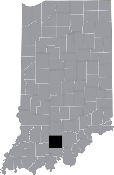 Mappa dettagliata nera della contea di Hoosier Orange all'interno della mappa grigia dello stato federale dell'Indiana, Stati Uniti - Vettoriali, immagini