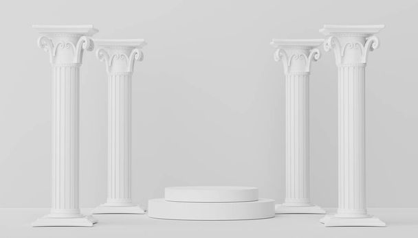 3D vykreslení Abstraktní minimální displej pódium s řeckým antickým barokním pilířem pozadí. Návrh podstavce pro modelovou a produktovou prezentaci. - Fotografie, Obrázek