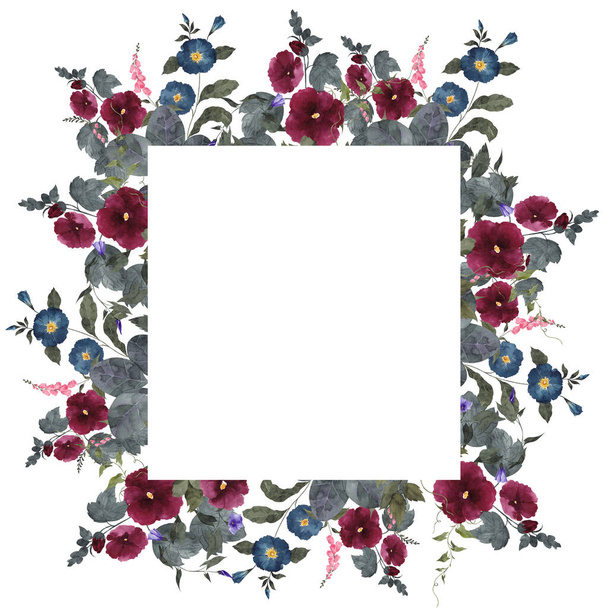 Watercolor vintage frame with wildflowers and forest herbs, isolated on white background - Valokuva, kuva