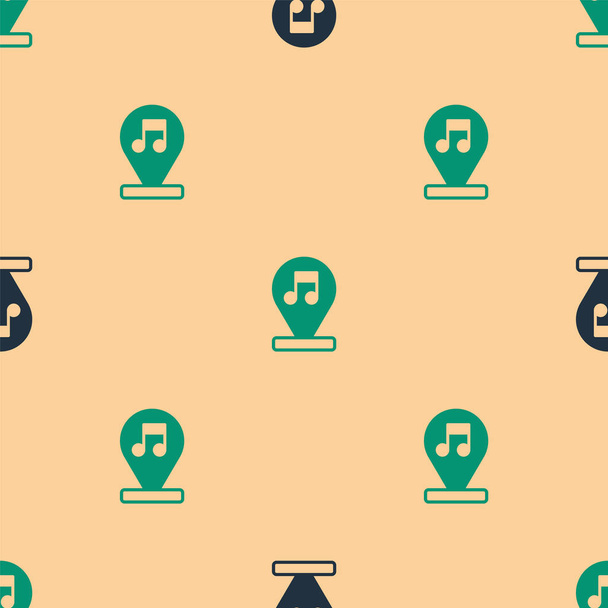 Green and black Music note, tone icon isolated seamless pattern on beige background.  Vector. - Vector, Image