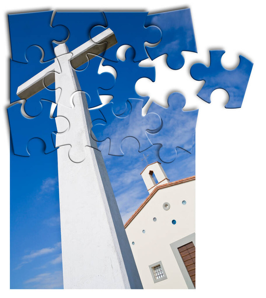 私たちの信仰を再構築または失う-ジグソーパズルの形でキリスト教のクロスコンセプト画像 - 写真・画像