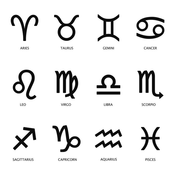 Astrologische Zeichen Vektor flachen und einfachen Stil Illustrationsset - Schwarze Symbole auf weißem Hintergrund isoliert - Vektor, Bild