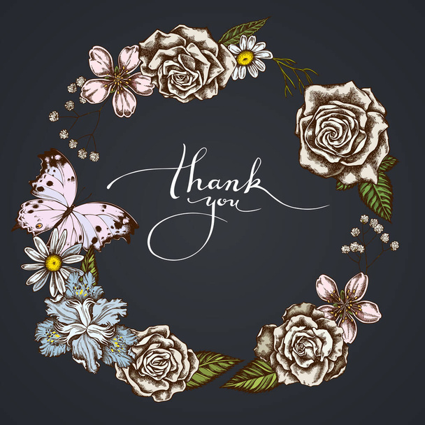 Dark Floral Wreath of iris japonica, gypsophila, chamomile, almond, forest mother-of-pearl, roses - Vector, Imagen
