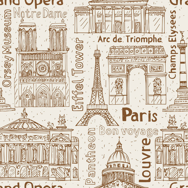 Pařížské orientační body bezproblémového vektorového obrazce. Ručně kreslená Eiffelova věž, Notre de Paris, Vítězný oblouk, Grand Opera, Pantheon - Vektor, obrázek
