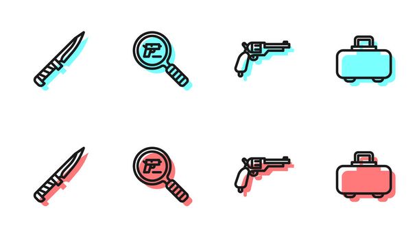 Set line Revolver gun, Military knife, Pistol or search and Weapon case icon. Vector. - Vector, Image