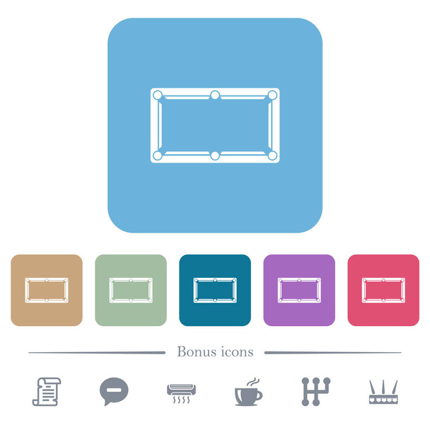 Üres biliárdasztal fehér lapos ikonok színes lekerekített négyzet hátterű. 6 bónusz ikonok tartalmazza - Vektor, kép