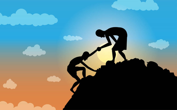 Ilustração gráfica vetorial de duas pessoas escalando uma montanha, com conceito de silhueta. adequado para cartaz, banner, fundo, Dia de escalada de montanha, dia da montanha - Vetor, Imagem