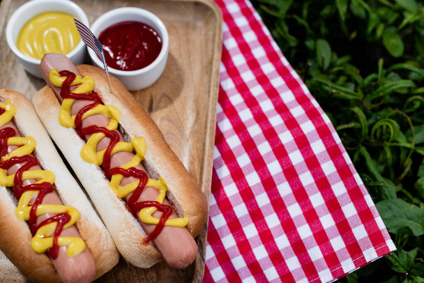 Holztablett mit Hotdogs, Ketchup und Senf auf Serviette und grünem Gras - Foto, Bild