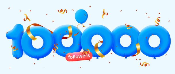 Banner con 100K seguidores gracias en forma de globos 3d y confeti colorido. Ilustración vectorial números 3d para redes sociales 100000 seguidores, concepto de blogger celebrando suscriptores - Foto, Imagen