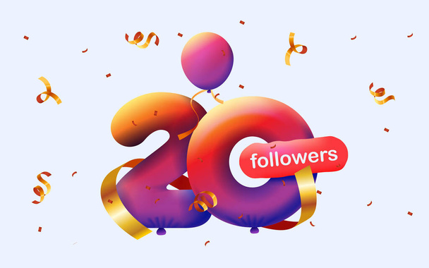 Banner com 20 seguidores obrigado em forma de balões 3d e confete colorido. Ilustração vetorial Números 3d para mídias sociais 20 seguidores, conceito de blogueiro celebrando assinantes - Foto, Imagem