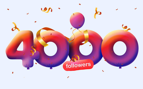 Banner con 4K seguidores gracias en forma de globos 3d y confeti colorido. Ilustración vectorial números 3d para redes sociales 4000 seguidores, concepto de blogger celebrando suscriptores - Foto, Imagen