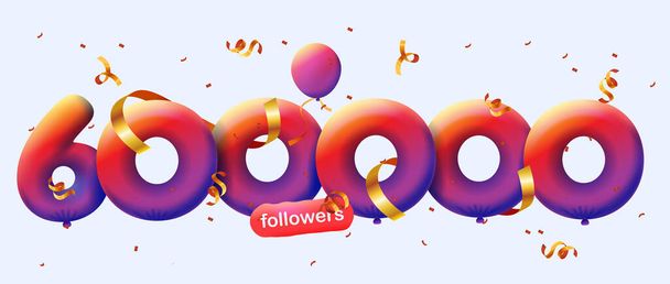 Прапор з 600K послідовників дякую вам у вигляді 3d кульок і барвистих конфетті. Векторна ілюстрація 3d номерів для соціальних мереж 600000 підписників, концепція блогера, що святкує передплатників
 - Фото, зображення