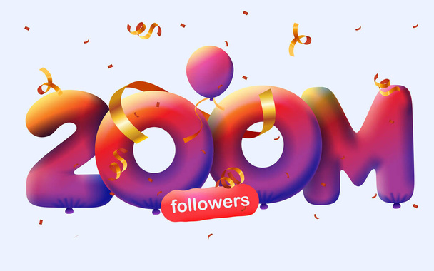 Banner met 200M volgers dank u in de vorm van 3d ballonnen en kleurrijke confetti. Vector illustratie 3d nummers voor sociale media 200000000 volgers, concept van blogger vieren abonnees - Foto, afbeelding