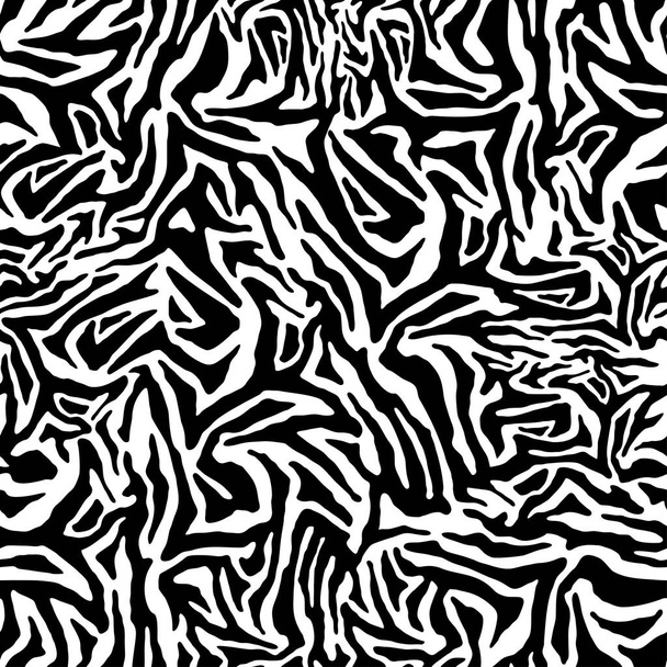 Zebra csíkos ujjlenyomat, vonalak formázzák a textúrát. Állati bőr háttér, zökkenőmentes minta. Absztrakt hajlított vonalak dísz. Tapéta textil-, textil-, divattervezéshez - Vektor, kép