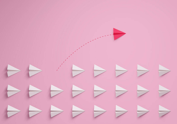 Concepto de liderazgo femenino. Líder individual y único avión de papel rosa cambiando de dirección. renderizado 3d. - Foto, imagen