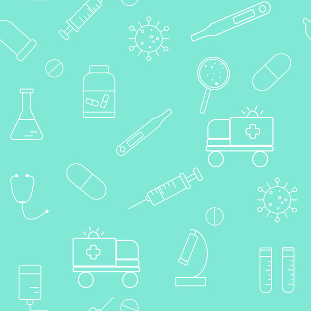 Pattern with medical supplies, vector illustration. Seamless pattern with white elements of medicine on a mint background. - Vektor, Bild