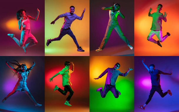 Jumping high, flying, dancing. Portrait of group of people on multicolored background in neon light, collage. - Fotoğraf, Görsel