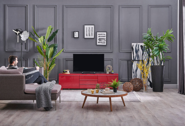 Zwei Männer verbringen Zeit zu Hause, dekorative graue Wand Hintergrund und fernsehen Stil. - Foto, Bild