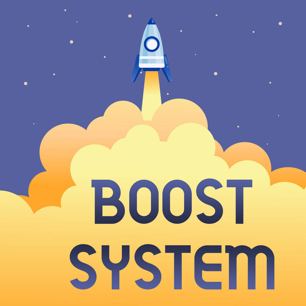 概念表示ブーストシステム。ビジネスショーケース青少年のアップグレードを強化する健康的なホリスティックなアプローチ概要トップレベルに達する、ロケット科学プレゼンテーションデザイン - 写真・画像