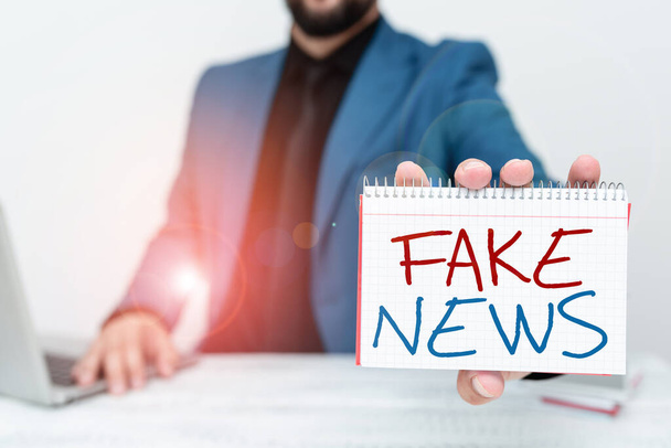 Conceptual caption Fake News. Business approach false information publish under the guise of being authentic news Lawyer Explaining Trial Proceedings, Real Estate Agent Offering Property - Photo, Image