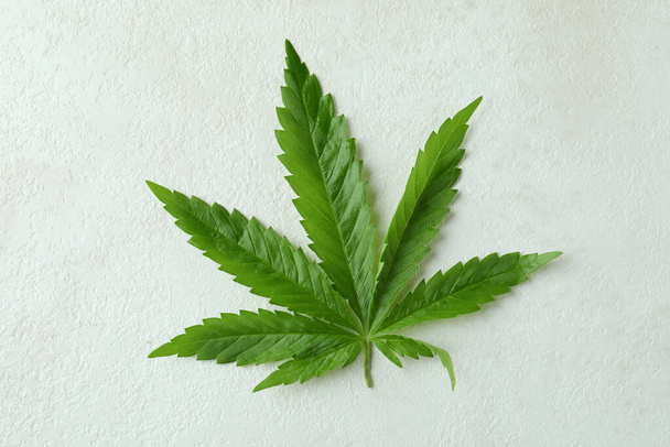 Feuille de cannabis sur fond blanc texturé, gros plan - Photo, image