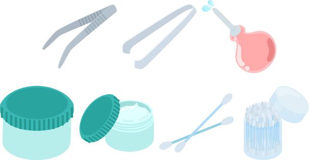 Иконки для ежедневных медицинских изделий, таких как пинцет и мази и ватные тампоны - Вектор,изображение