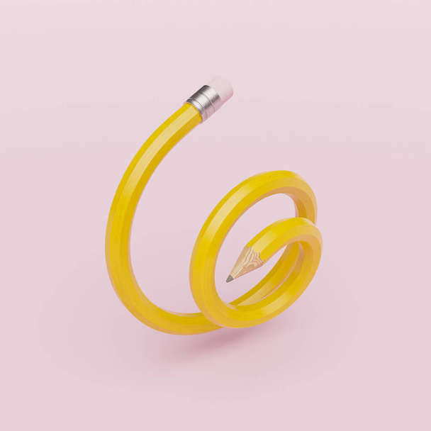 Желтый карандаш в спиральной форме в концепции творчества и образования. минималистская абстрактная сцена. 3D рендеринг - Фото, изображение