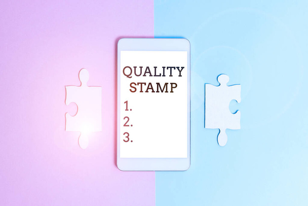 Text showing inspiration Quality Stamp. Conceptual photo Seal of Approval Good Impression Qualified Passed Inspection Technological Difference And Choices Communication Problems And Solutions - Photo, Image