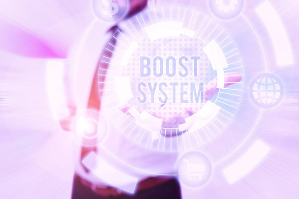 Writing displaying text Boost System. Word Written on Rejuvenate Upgrade Strengthen Be Healthier Holistic approach Gentelman Uniform Standing Holding New Futuristic Technologies. - Photo, Image