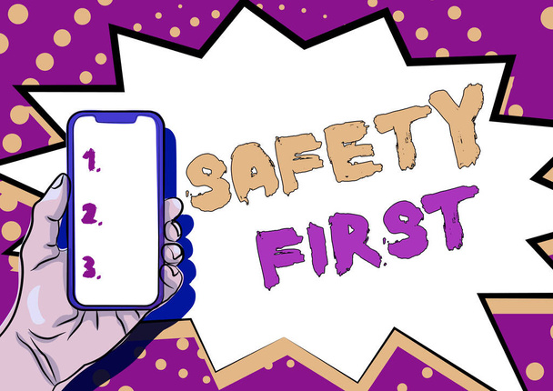 A kézírás a biztonság első jele. Word Written on Kerülje a felesleges kockázatot Élő Biztonságos Ügyeljen arra, hogy megjeleníti a fontos információkat, bemutatja Smartphone Annoucements - Fotó, kép