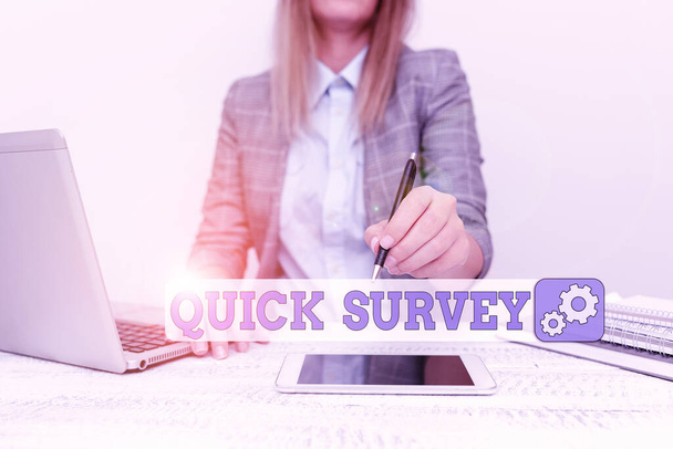 Podpis koncepcyjny Quick Survey. Przegląd biznesowy Prowadzenie szybkiej kontroli stanu wartości sytuacji coś Architekt Przesłuchanie Klienta, Reporther Gromadzenie Ważne informacje - Zdjęcie, obraz