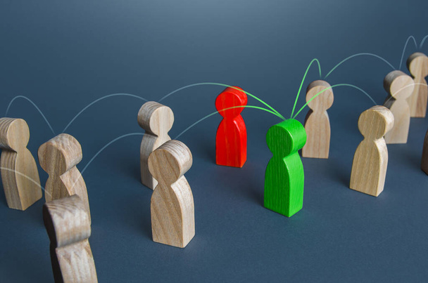 Red and green people in the corporate network. Resolution of issues and conflicts through contact managers. Concept of a reliable cooperating partner and an unreliable non-negotiable intermediary - Foto, imagen