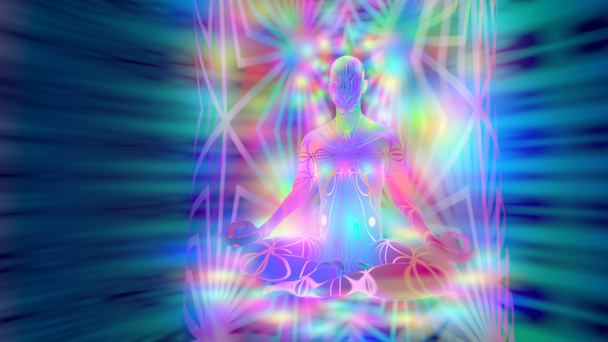 3d illustratie de man van de toekomst in een meditatieve vorm kent nu de technologieën van het licht - Foto, afbeelding