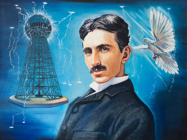 Nikola Tesla retrato original obra de arte óleo sobre tela feito à mão - Foto, Imagem