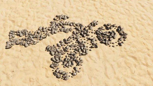 Concetto concettuale pietre sulla spiaggia sabbia forma simbolo fatto a mano, sfondo di sabbia dorata, moto stuntman segno. Metafora illustrazione 3d per sport, adrenalina, competizione estrema, pericolo e divertimento - Foto, immagini