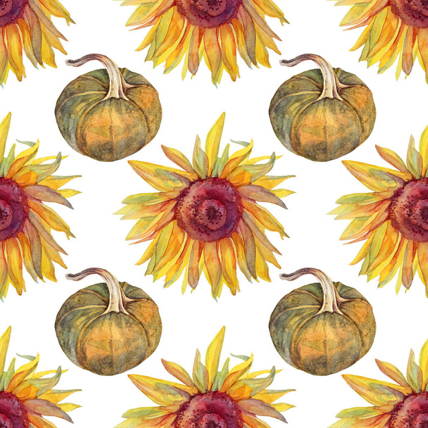 Seamless pattern watercolor yellow flower sunflower and green pumpkin on white. Autumn background. Creative hand-drawn object for invite, oktober fest, textile, wedding, celebration, wrapping - Photo, Image