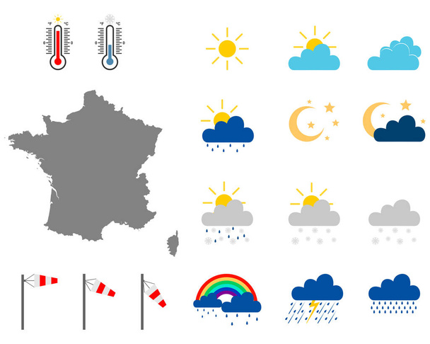 Landkarte von Frankreich mit Wettersymbolen - Vektor, Bild
