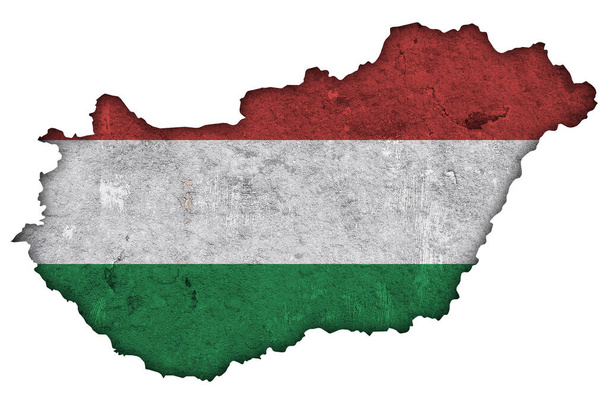 Yıpranmış beton üzerinde Macaristan haritası ve bayrağı - Fotoğraf, Görsel