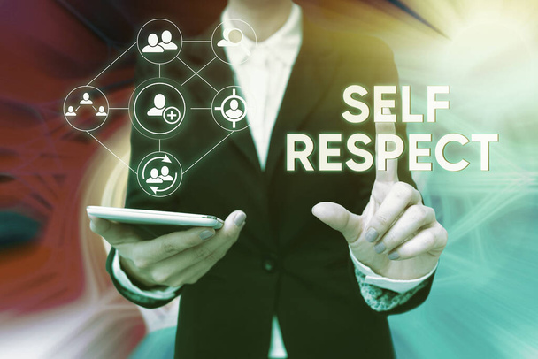 Conceptual display Self Respect. Business overview Pride and confidence in oneself Stand up for yourself Lady In Uniform Holding Phone Pressing Virtual Button Futuristic Technology. - Photo, Image