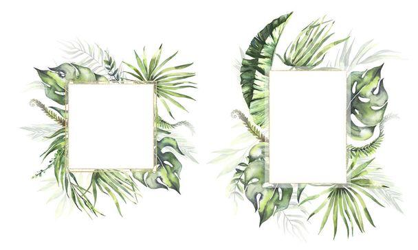 Kolekce akvarelových letních rámů s ručně malovanými sušenými tropickými palmovými listy, větvemi zelených listů. Romantická květinová kytice ideální pro svatební přání, pozvánky a další. - Fotografie, Obrázek