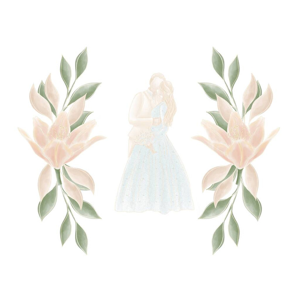 Весільні прикраси, композиція фігур нареченого і нареченого, прикрашена гілочкою з лілійною квіткою в пастельних тонах на білому тлі
 - Фото, зображення