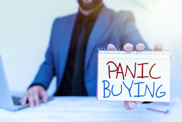 Sign displaying Panic Buying. Business overview buying large quantities due to sudden fear of coming shortage Lawyer Explaining Trial Proceedings, Real Estate Agent Offering Property - Photo, Image