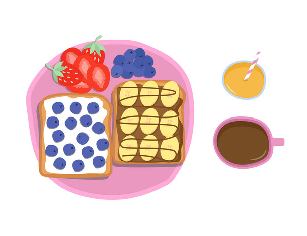 Breakfast idea top view. Sweet toast with berries and banana. Orange juce and coffee cup vector illustration. - Vecteur, image